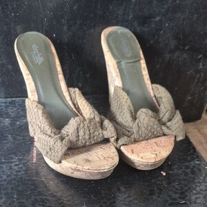 Charlotte Russe Olive Woven Knot Cork Wedge Slides